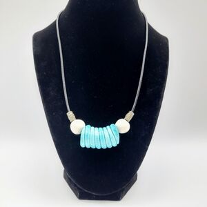 Turquoise Beaded Statement Necklace Black Cord White Beads Boho Coastal Jewelry